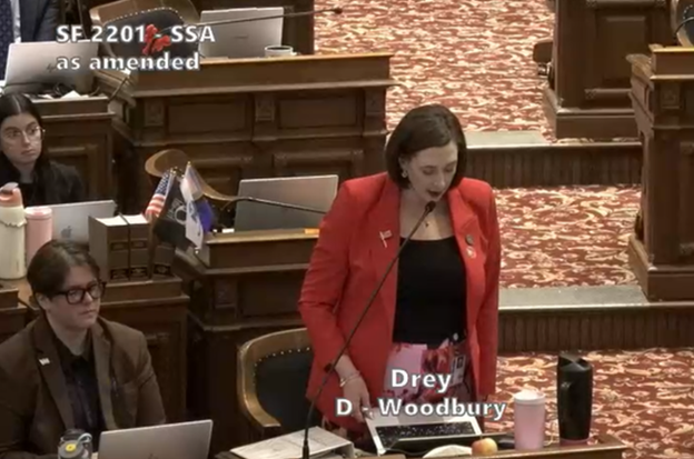 Senator Drey speaking on the Senate floor during debate on SF 2201 ahead of Tuesday’s vote.