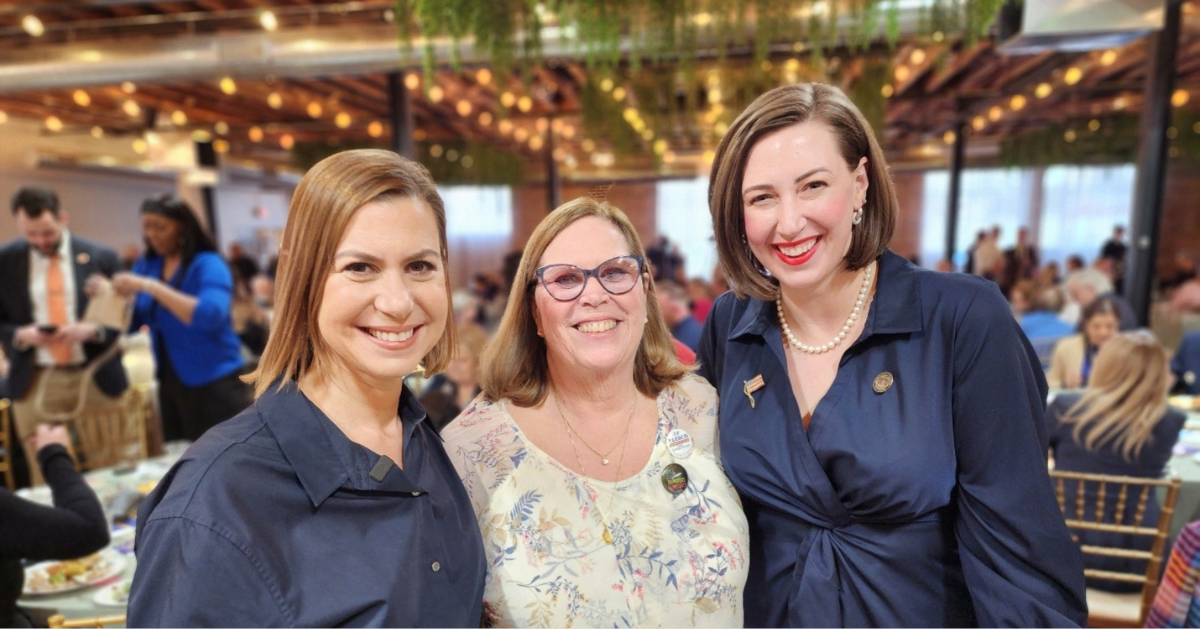 From left to right: U.S. Senator Elissa Slotkin of Michigan, Deb Hansen, Vice Chair of the Polk County Democrats, and Senator Catelin Drey at the 2026 Spring Dinner in Des Moines.